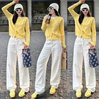 Quần Kaki Nữ trơn Cạp Cao Jean Trắng ống rộng dáng suông đứng MIAA chất Kaki Bò Dáng dài Lưng Cao