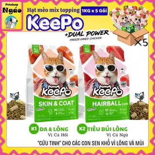 [5 -10 Gói] Thức ăn mèo mix topping Keepo K1 & K2 Gói 1KG: Mượt lông, Tiêu búi lông & Tiêu hóa khỏe